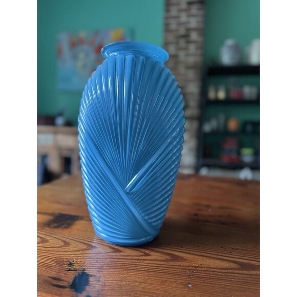 Anchor Hocking Blue Glass Vase 12.75" Art Deco Draped Ribbed Pleated Retro 80s - Picture 1 of 8